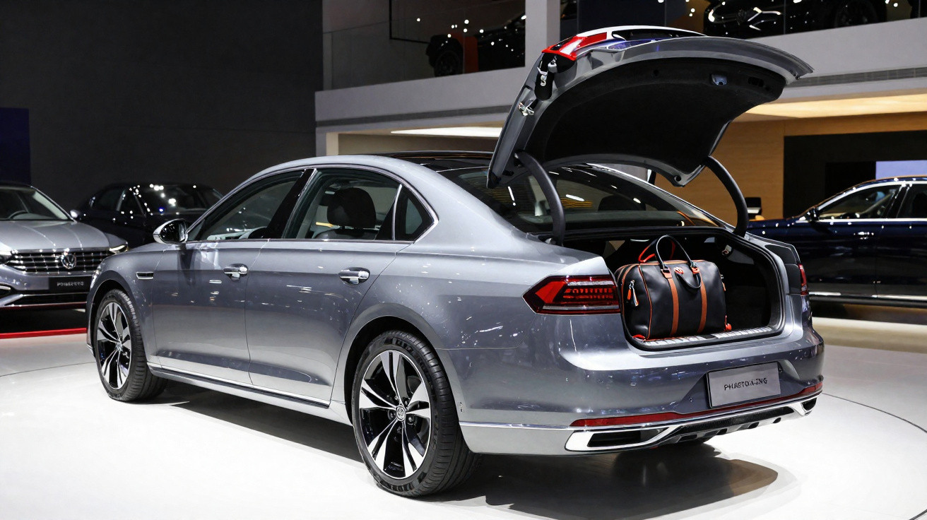 Silver luxury sedan with open trunk displaying a black and brown leather bag inside, showcased in a modern showroom.