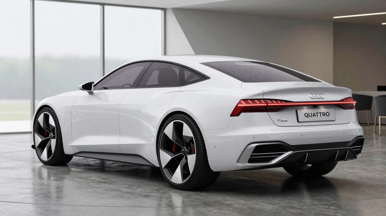 White Audi Quattro electric car parked in a modern showroom with large windows and polished concrete floor.