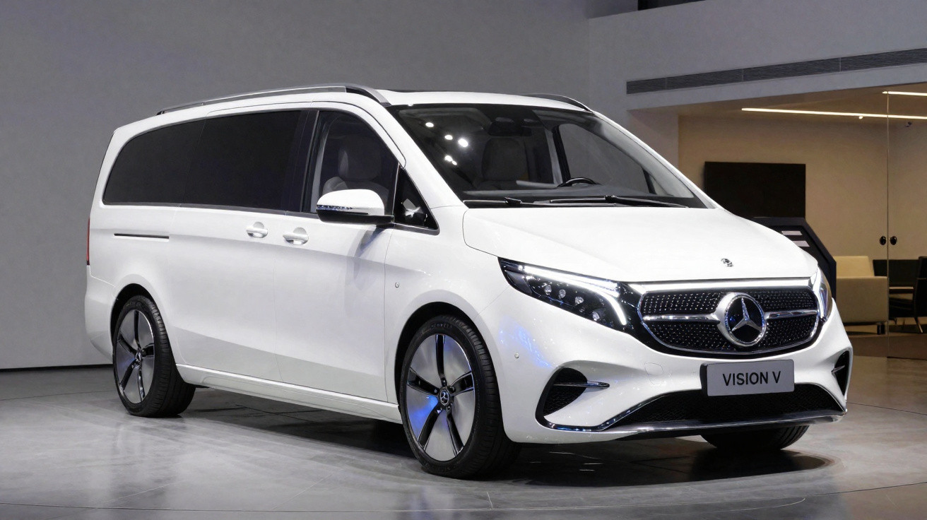 White Mercedes-Benz Vision V electric van displayed indoors on a showroom floor.