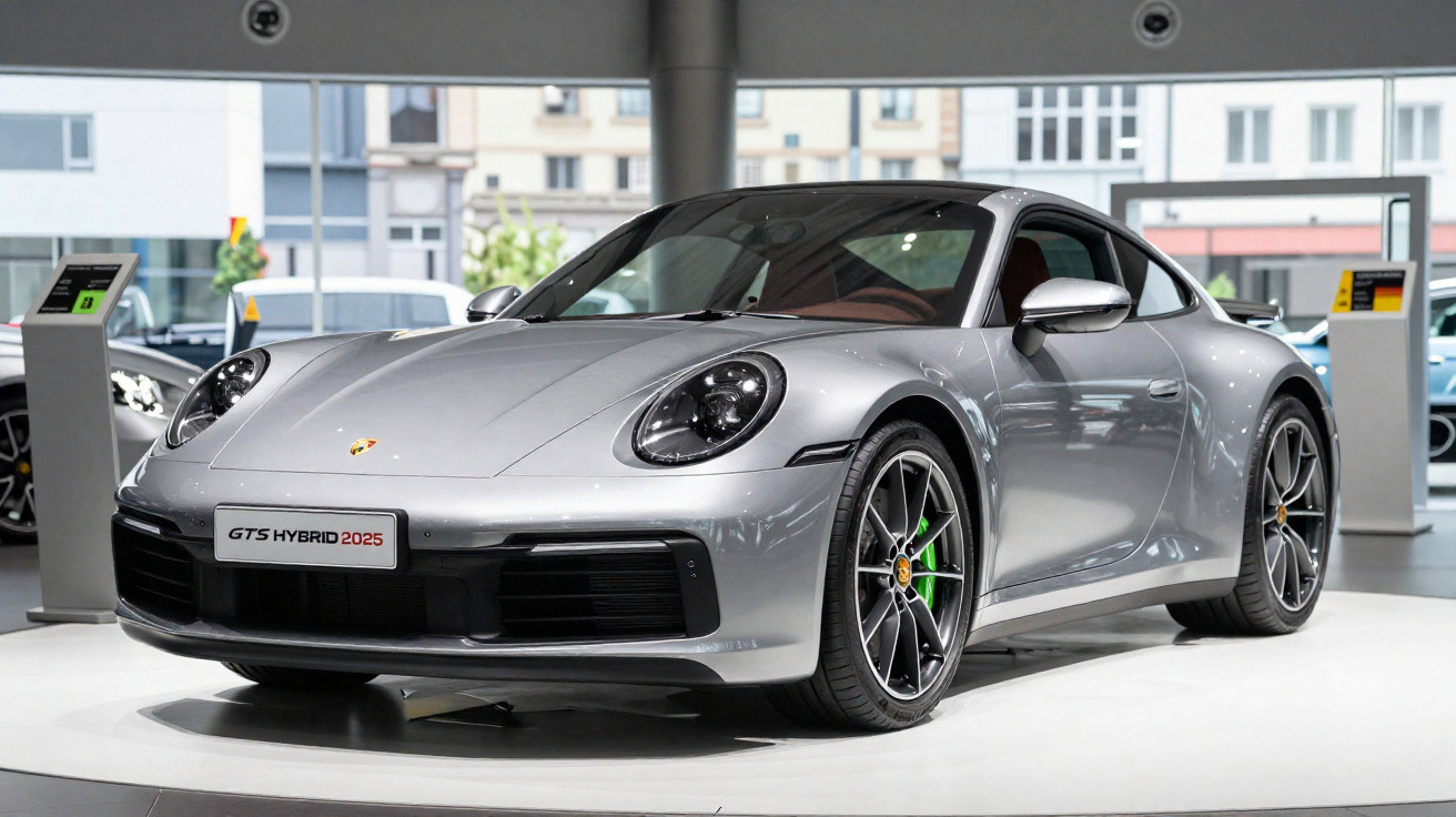Silver Porsche 911 GTS Hybrid 2025 model sports car displayed in a showroom on a white platform.