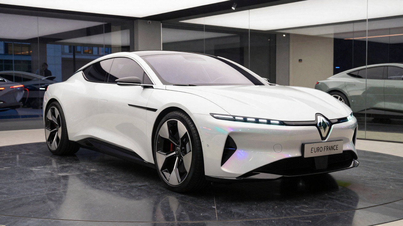 Sleek white Renault electric sports car displayed on a shiny black platform inside a modern showroom.