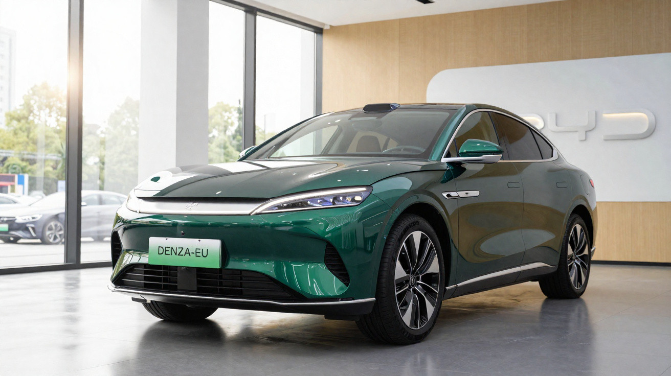 Green Denza-EU electric car displayed inside a modern showroom with large windows and wood panelled walls.