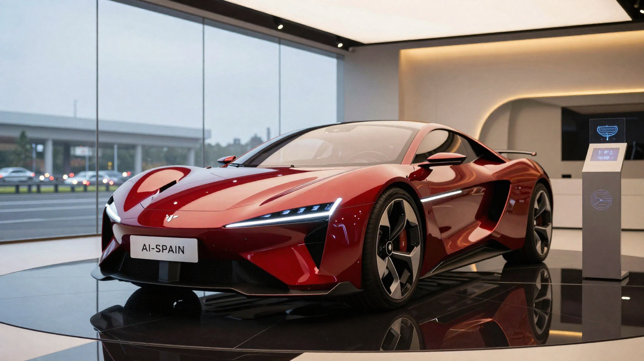 Red sleek electric sports car displayed in modern showroom with large windows and digital info panel.