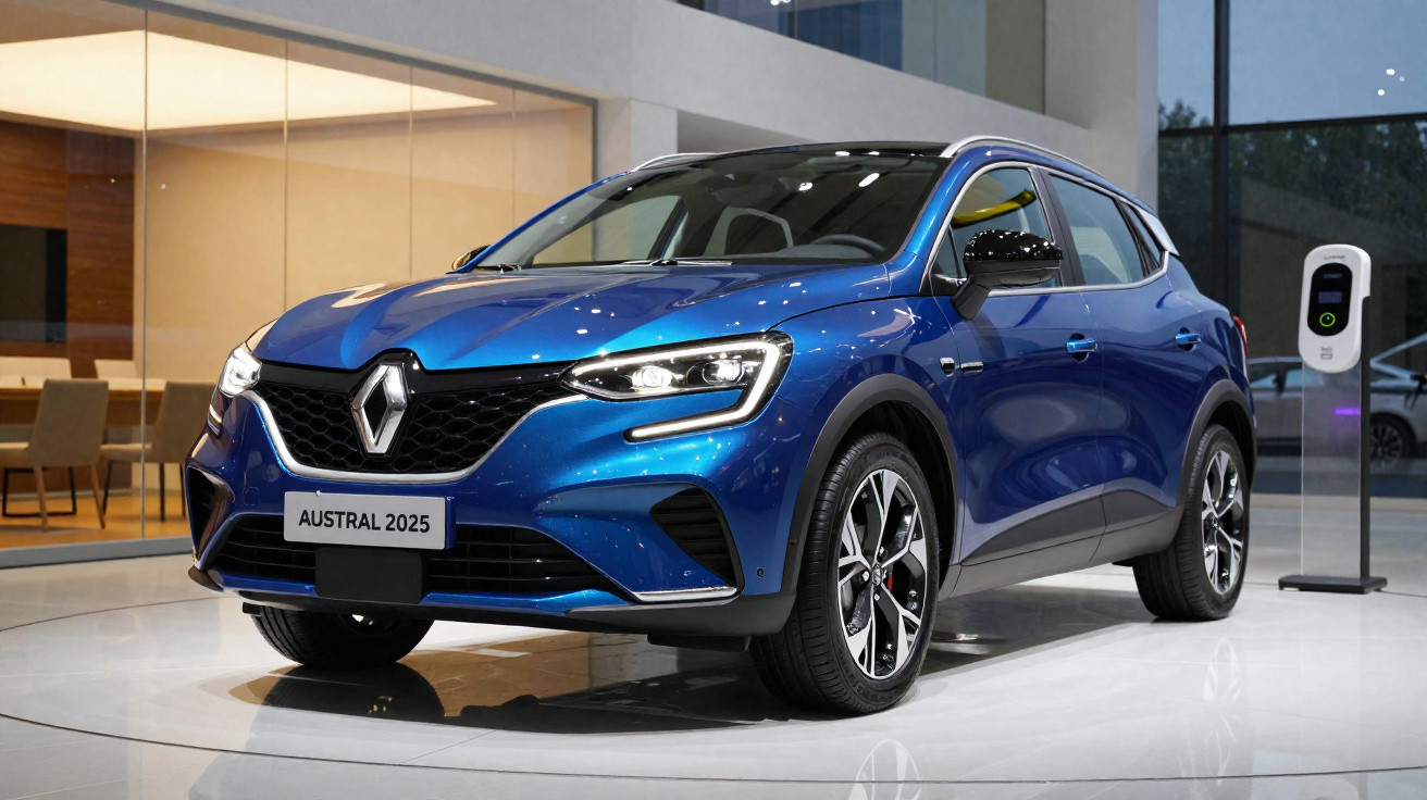Blue 2025 Renault Austral SUV displayed indoors next to an electric vehicle charging station.