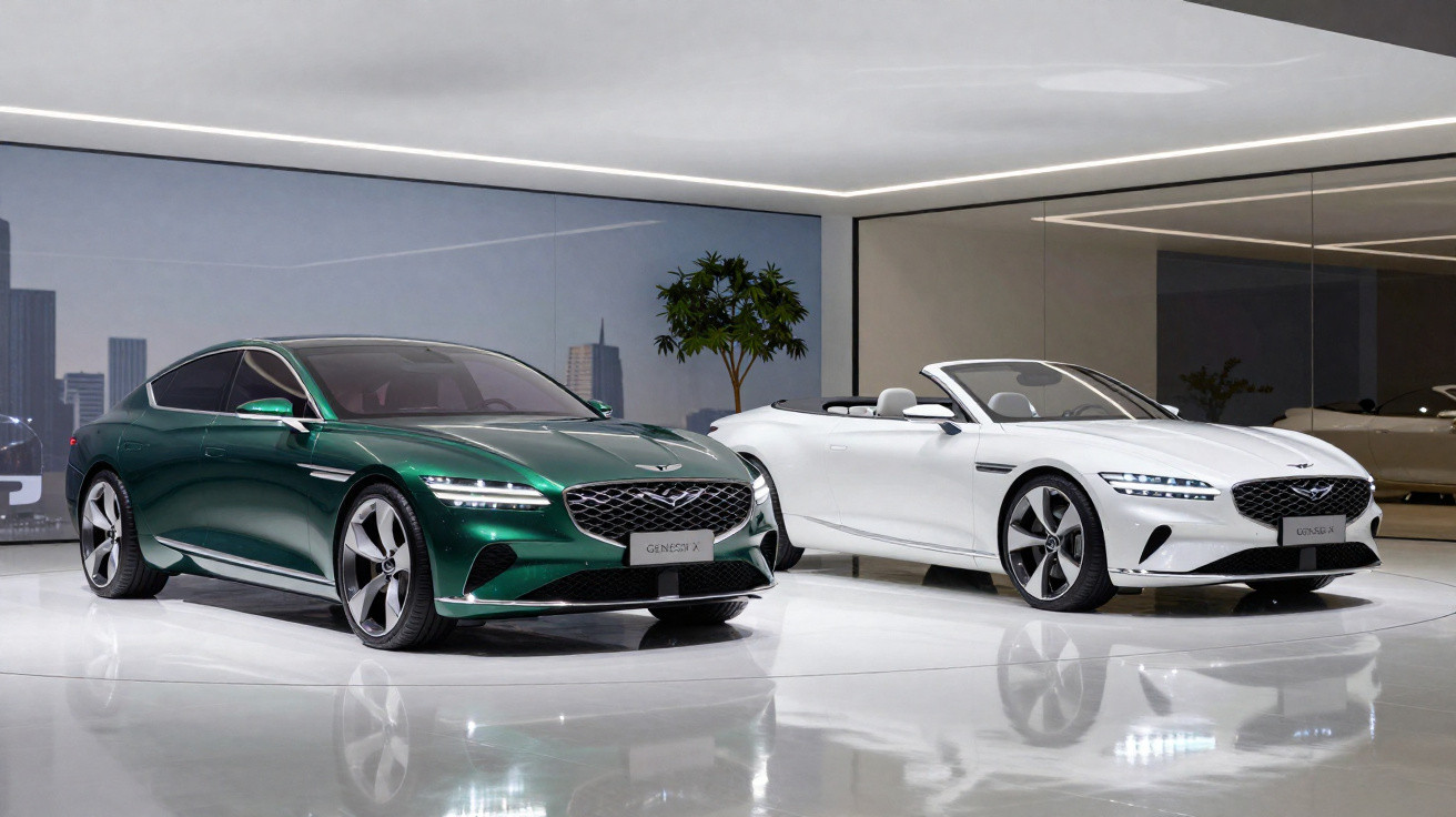 Two luxury Genesis cars, one green coupe and one white convertible, displayed in a modern showroom.