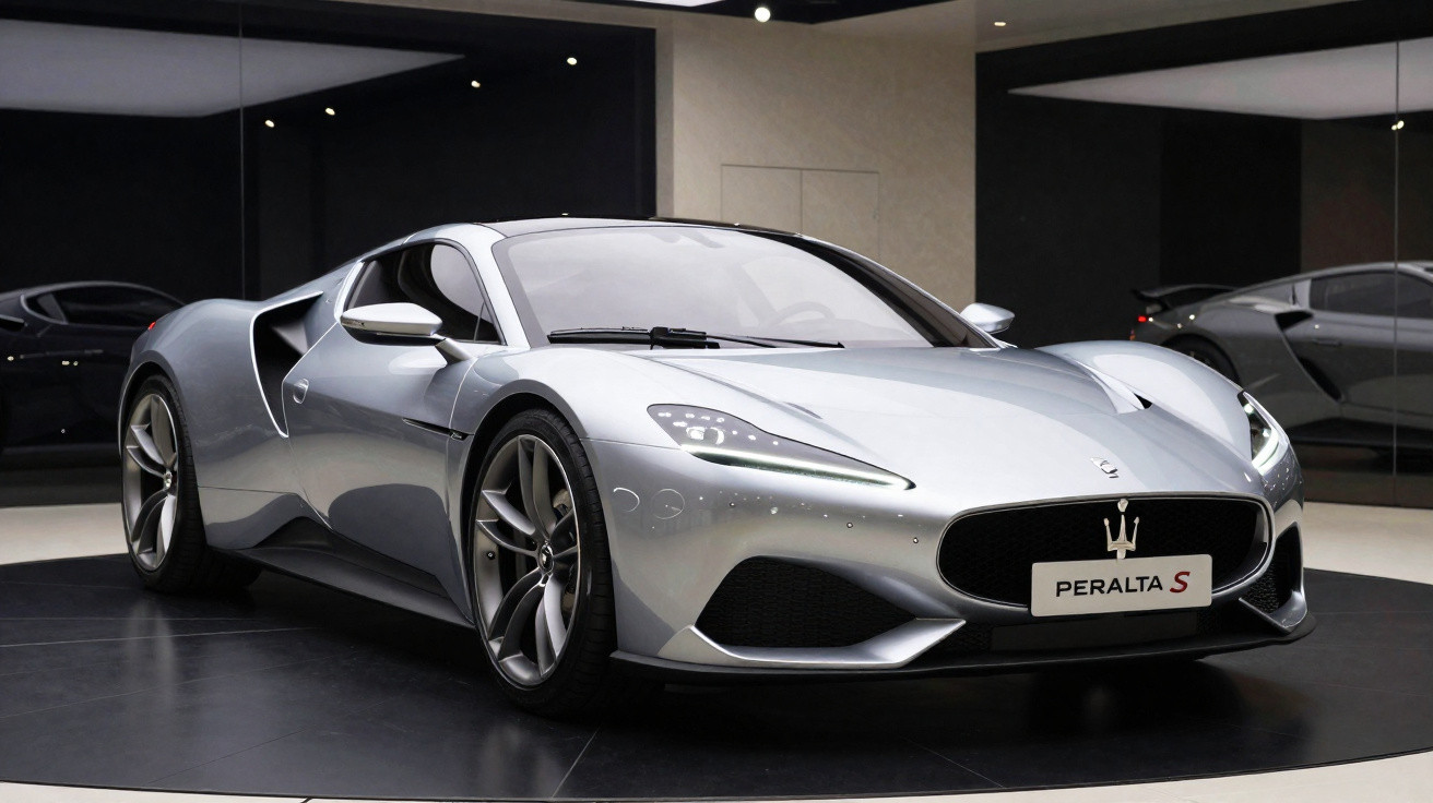 Silver Peralta S sports car displayed indoors with sleek, aerodynamic design and modern LED headlights.