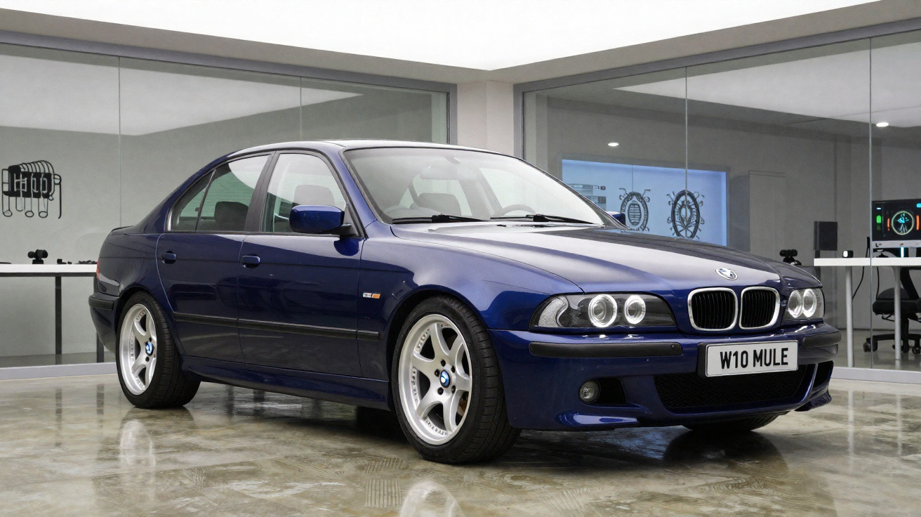 Blue BMW E39 M5 sedan parked indoors with reflection on polished concrete floor and glass office walls behind.