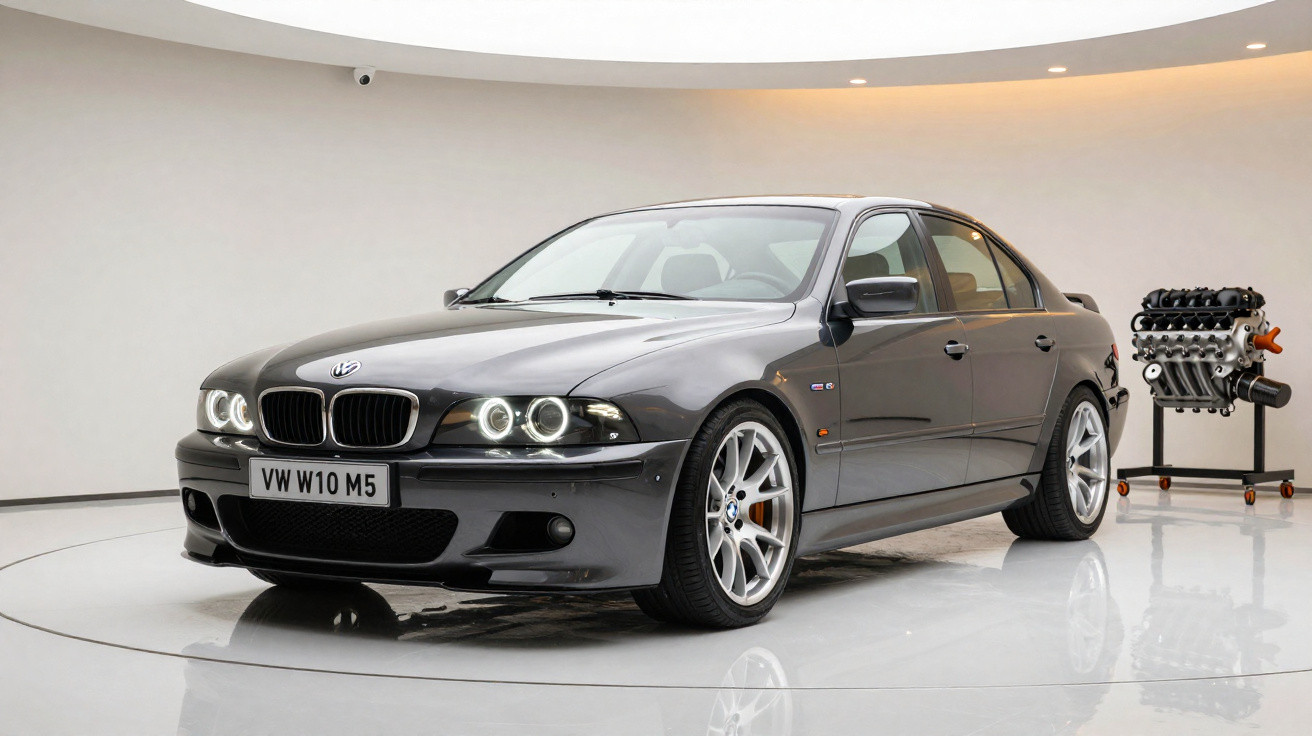 Grey BMW M5 E39 sedan with headlights on, displayed indoors with an engine on a stand beside it.