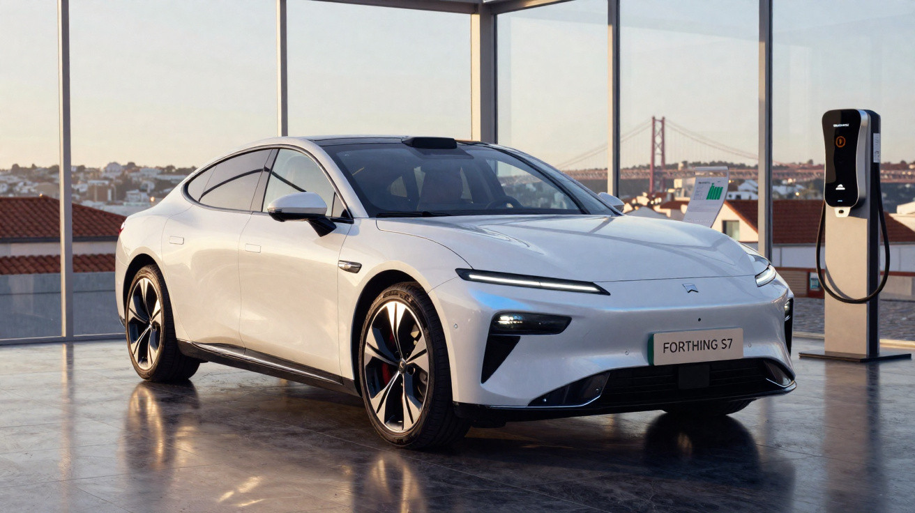 White Forthing S7 electric car displayed indoors near a charging station at sunset.