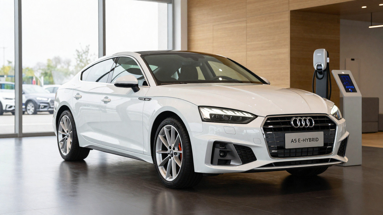 White Audi A5 E-Hybrid sedan displayed indoors near an electric vehicle charging station.