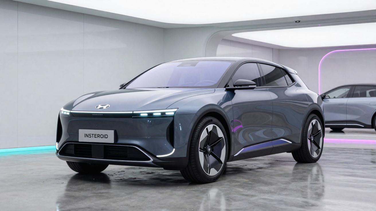 Electric car Hyundai Insteroid in a modern showroom with sleek design and illuminated LED headlights.