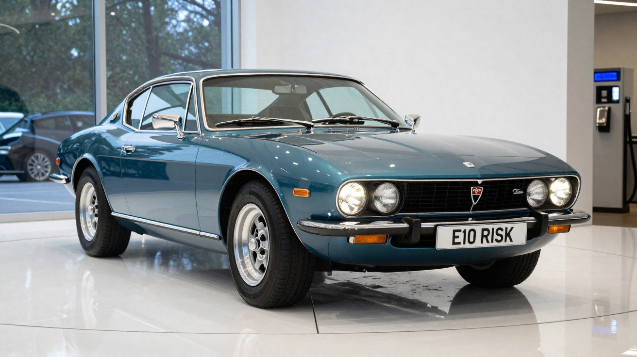 Classic blue vintage sports car with round headlights displayed indoors on shiny floor.