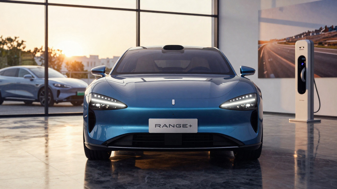 Front view of a blue electric car named Range+ inside a showroom with a charging station nearby.