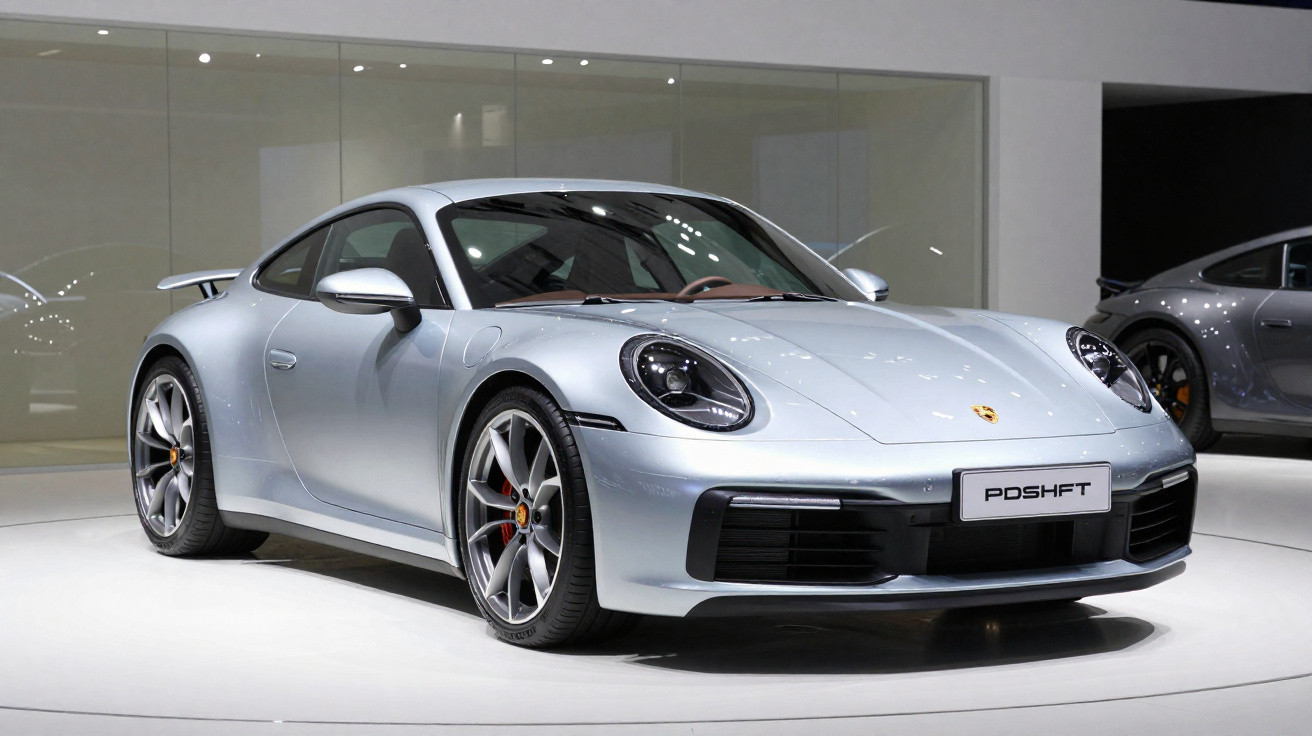 Silver Porsche sports car displayed indoors with sleek, aerodynamic design and distinctive front headlights.