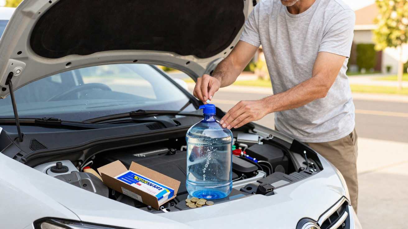 Man opening a large water bottle under the open hood of a white car parked outdoors on a sunny day.