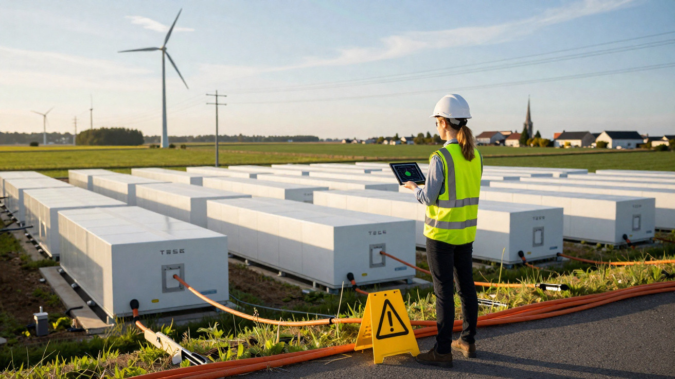 Engineer in safety gear monitoring large battery storage units connected to wind turbines in a rural field at sunset.