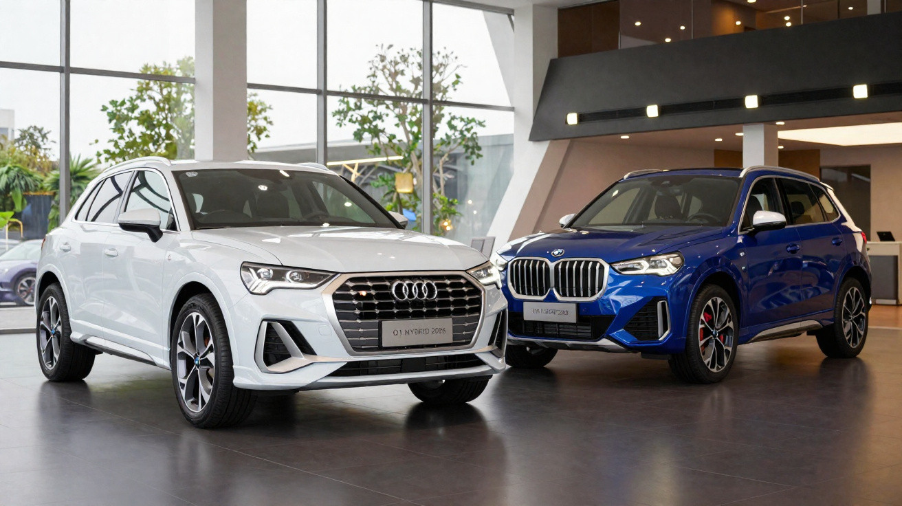 White Audi Q3 Hybrid and blue BMW X1 parked side by side in a modern showroom with large windows.
