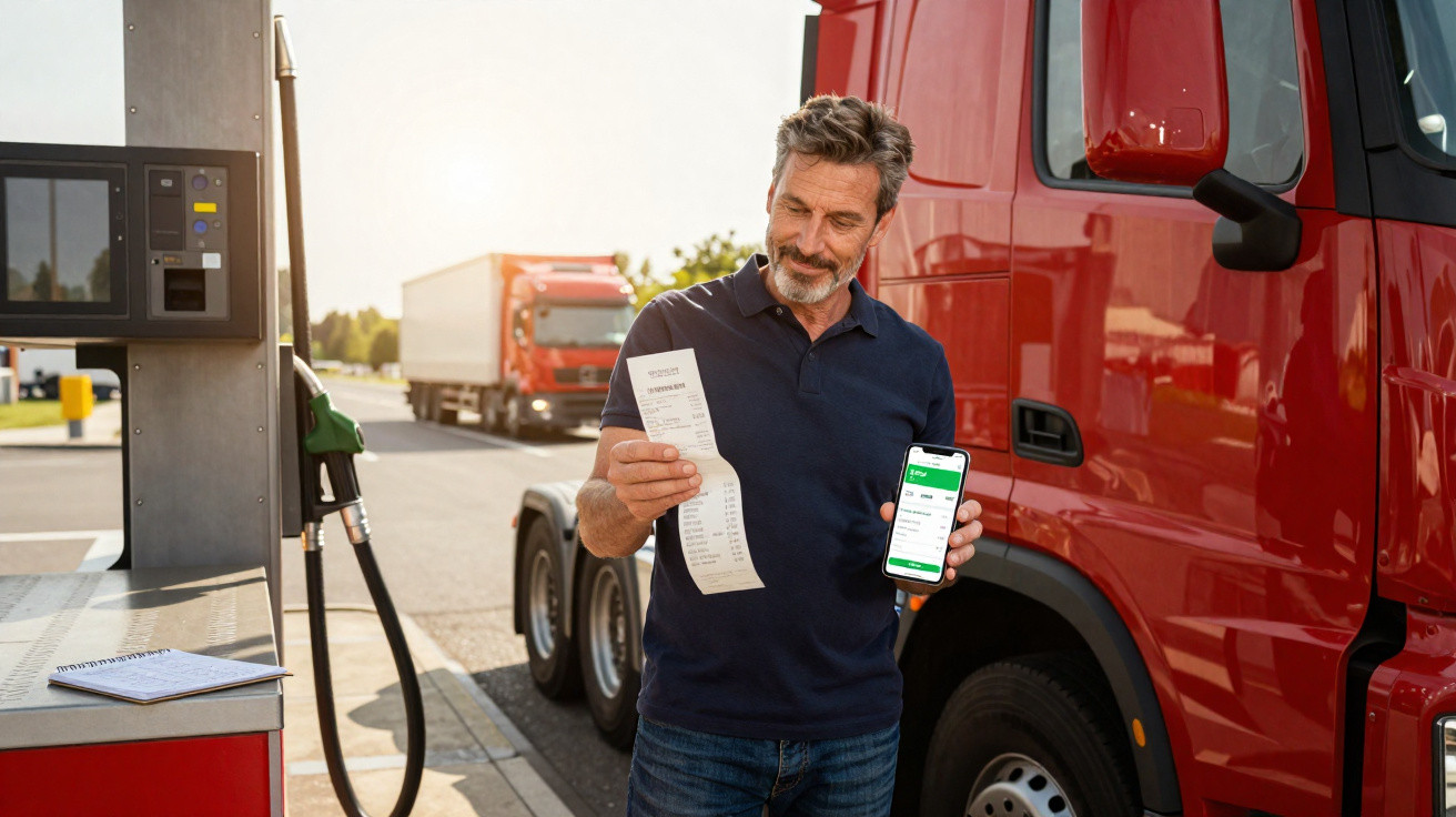 Man holding receipt and smartphone while standing next to red truck at fuel station pump.