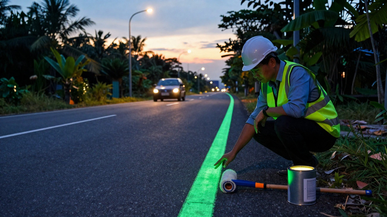 Worker in a safety vest and helmet painting a glowing green line on road at dusk.