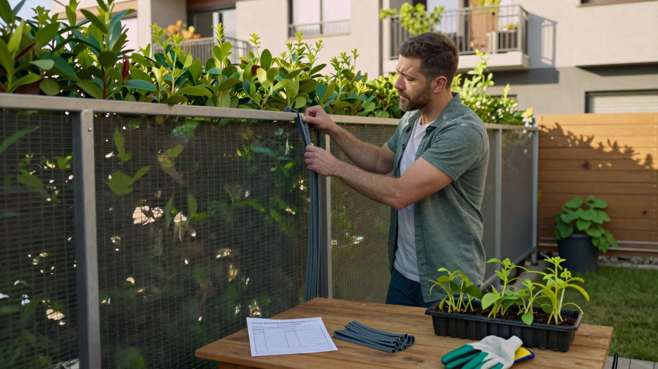Man installing a protective netting on a garden fence with seedlings and gardening gloves on a table nearby.