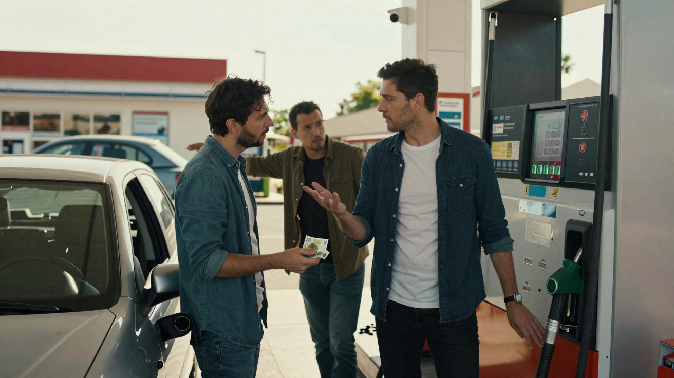 Three men argue at a petrol station next to a silver car, one holding money, another by the fuel pump.