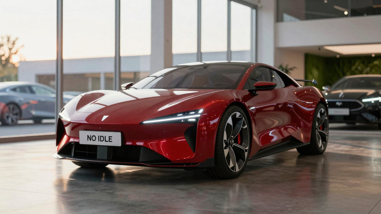 Sleek red electric sports car with "NO IDLE" plate displayed in a modern showroom with large glass windows.