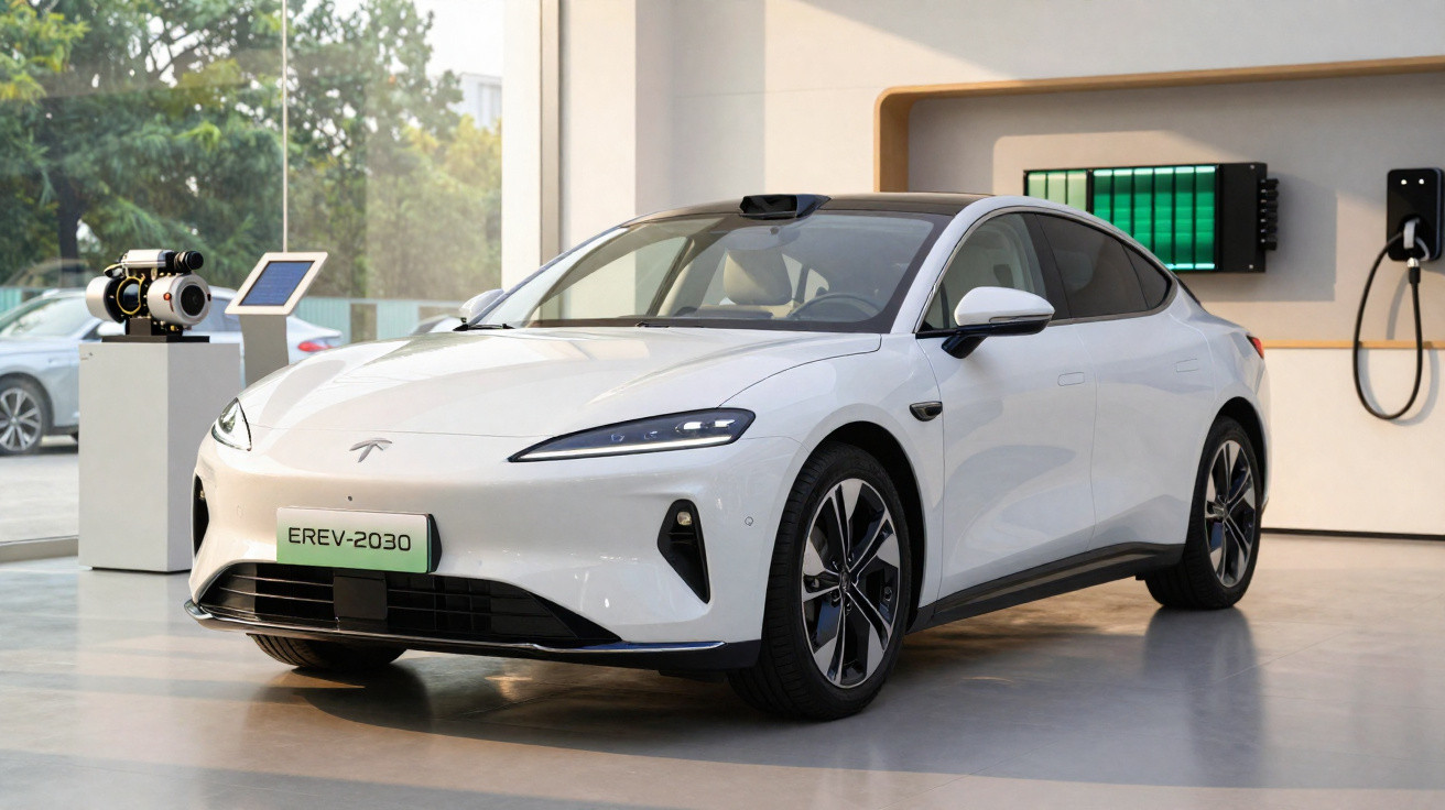 White Tesla-style electric sedan displayed indoors with charging station and futuristic components nearby.