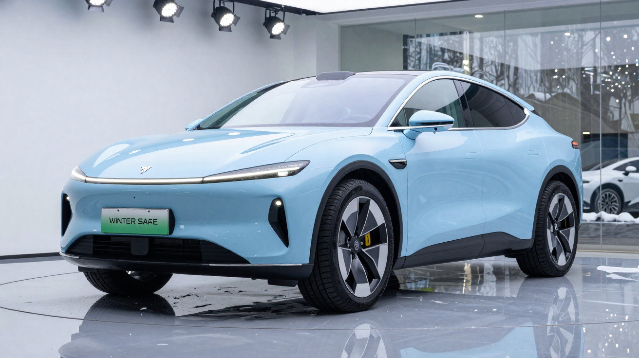 Light blue electric crossover car displayed indoors under spotlights with modern design and aerodynamic shape.