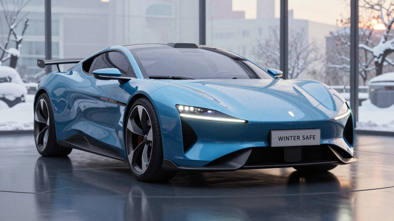 Blue sports car with sleek design and "Winter Safe" licence plate displayed indoors with snowy background.
