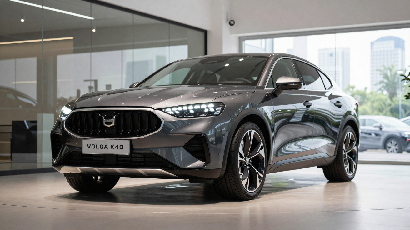 Sleek grey Volga K40 car displayed indoors with modern design and illuminated LED headlights.