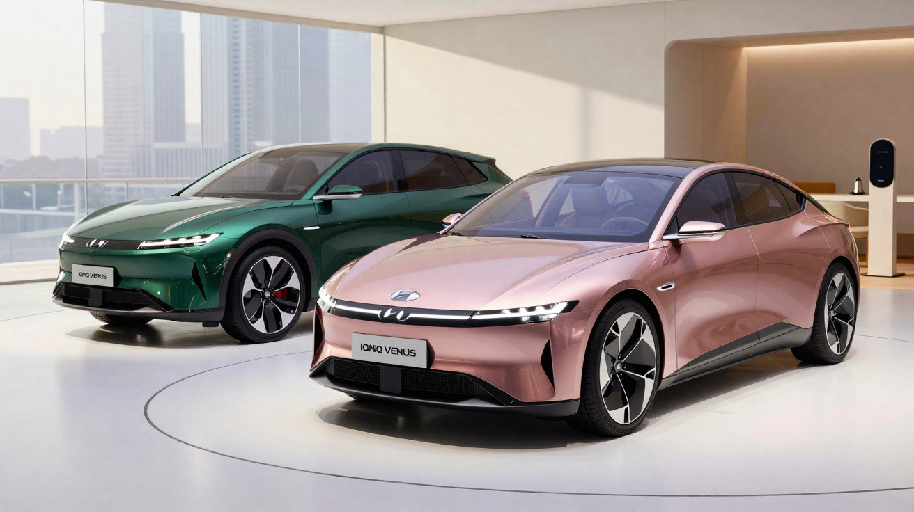 Two sleek Ioniq Venus electric cars, one rose gold and one dark green, showcased in a modern showroom.