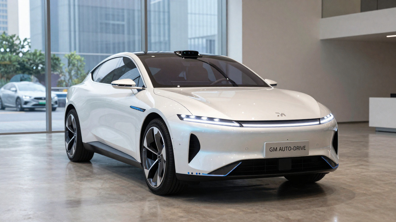 White sleek electric car with LED lights displayed indoors on polished floor with city buildings visible outside.