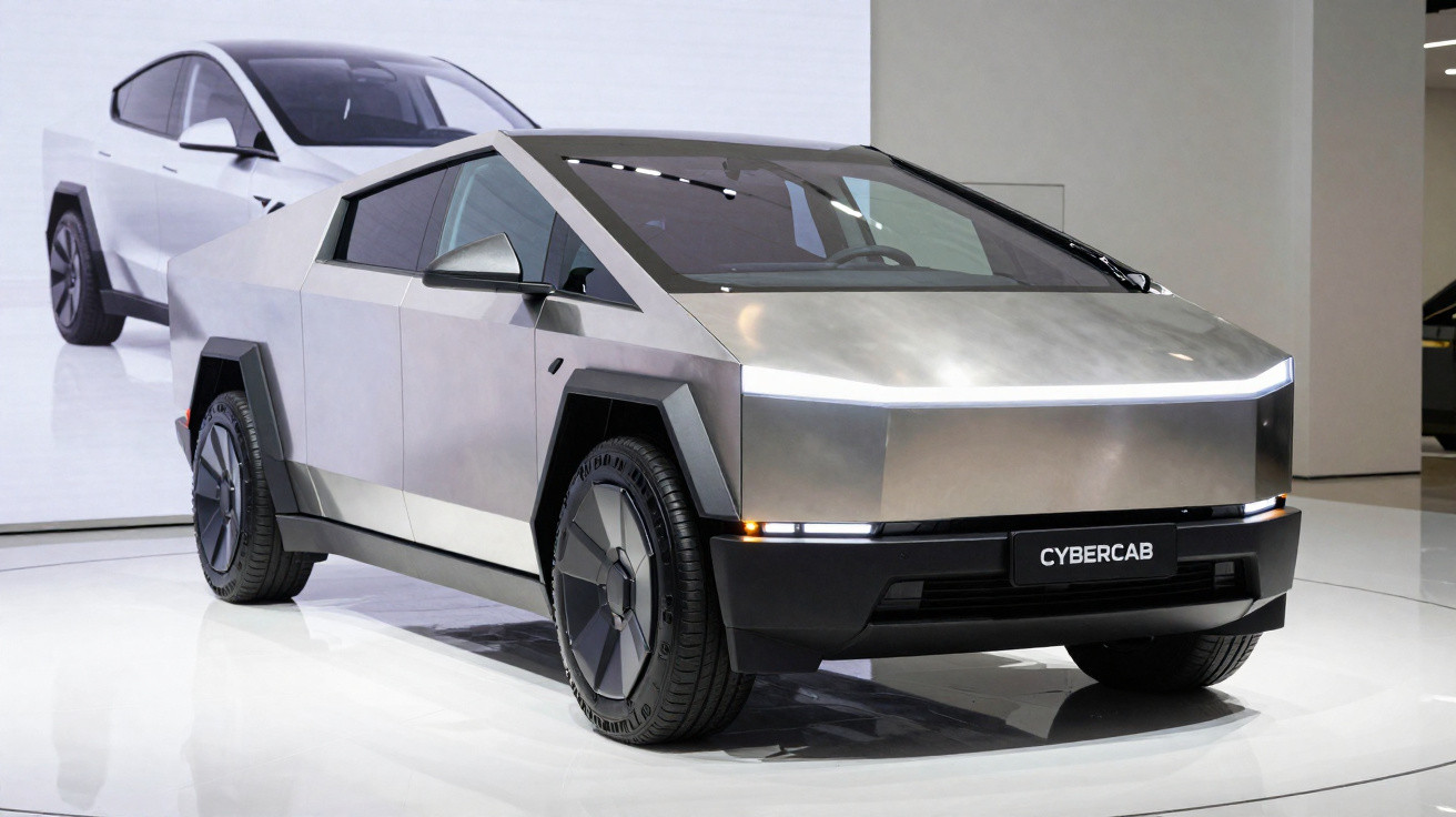 Silver Tesla Cybertruck electric pickup truck with angular design on display indoors