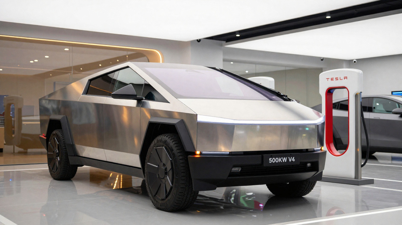 Tesla Cybertruck with metallic body parked indoors next to a Tesla electric vehicle charging station