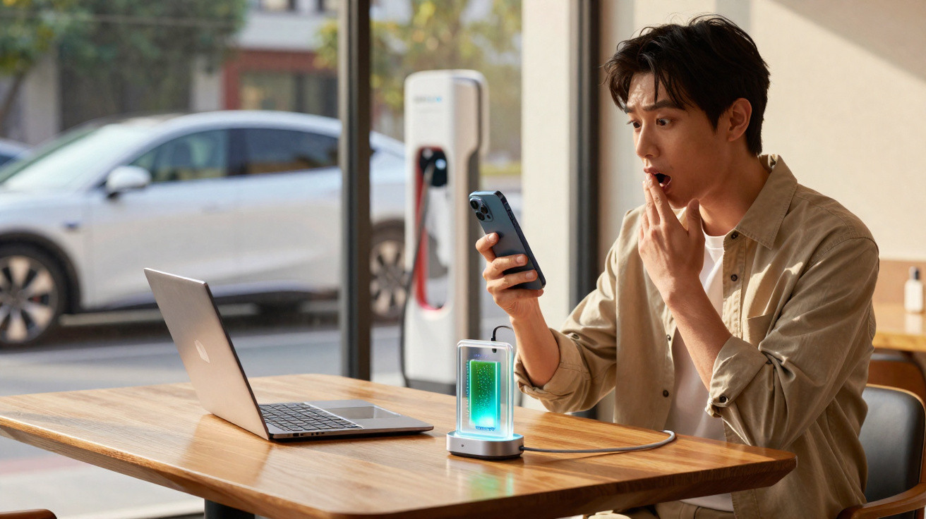Man looking surprised at his smartphone while charging it wirelessly on a table near a laptop.