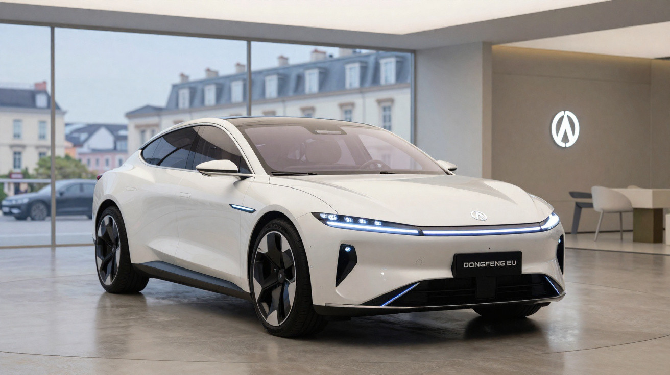 White Dongfeng EU electric coupe displayed indoors with modern buildings visible through large windows.