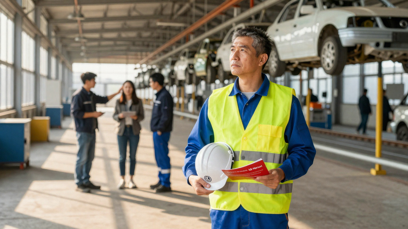 Man in high-visibility vest holding a hard hat and manual in a vehicle inspection workshop with colleagues in background.