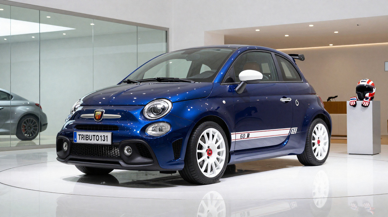 Blue Abarth 595 Tributo 131 compact car with white wheels displayed on a showroom turntable.