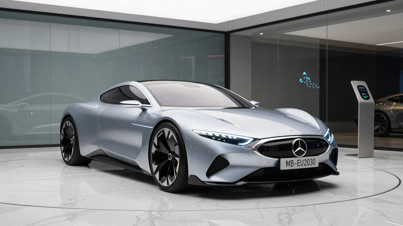 Silver Mercedes-Benz electric sports car displayed in a modern showroom with polished marble floors.