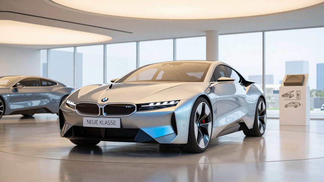 Sleek silver BMW Neue Klasse electric concept car displayed in a modern showroom with large windows.