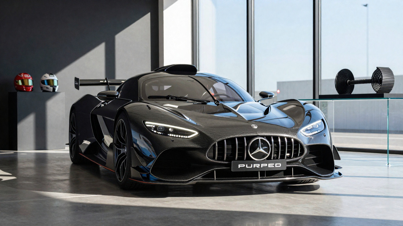 Black Mercedes-AMG hypercar with sleek design parked indoors near helmets and a dumbbell on a glass table.