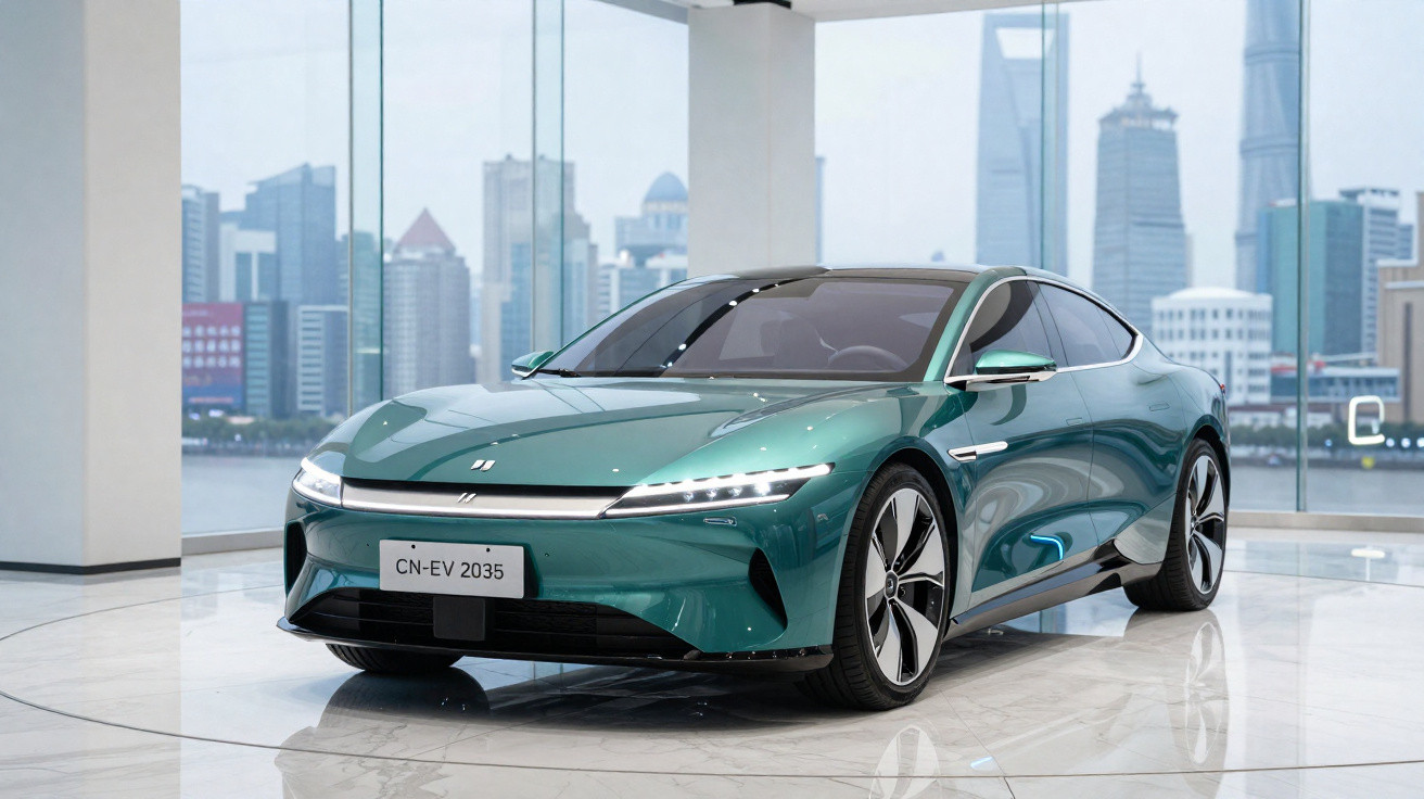 Green electric coupe car with city skyline seen through large glass windows in showroom.