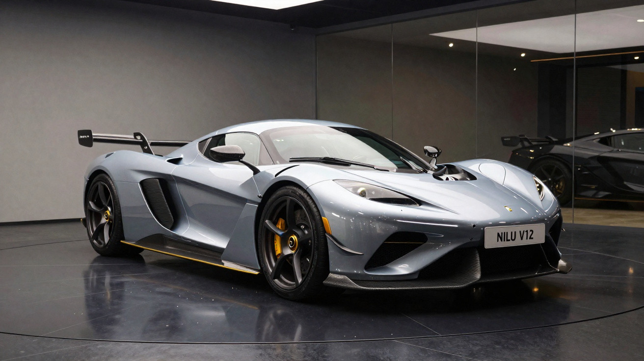 Silver McLaren sports car with black wheels and rear wing in a modern showroom with mirrored walls.