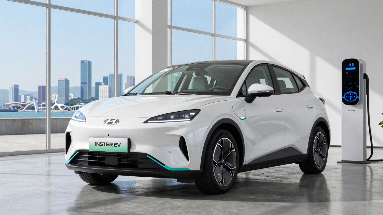 White Hyundai Inster EV electric car parked indoors next to a charging station with city skyline visible outside.