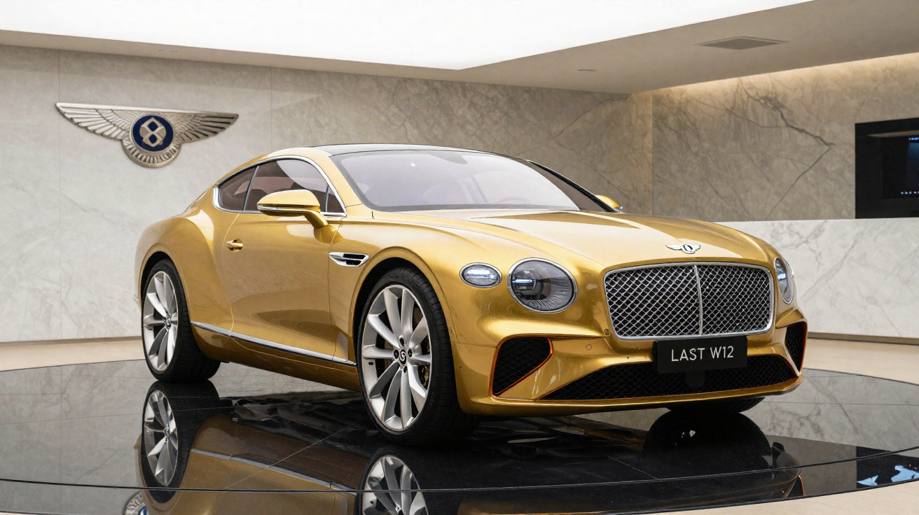 Gold Bentley Continental GT luxury car displayed on a glossy black platform in a modern showroom.