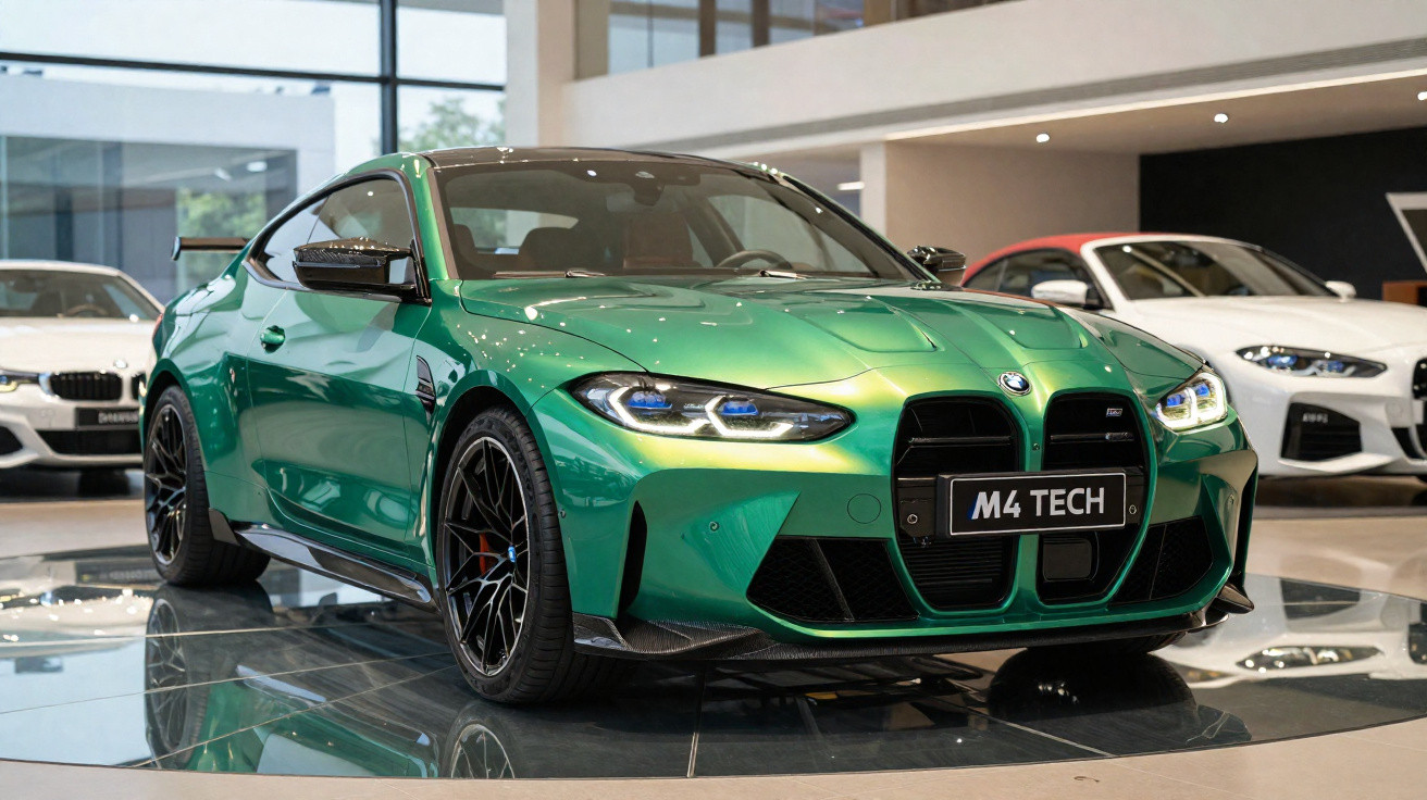 Shiny green BMW M4 Tech car displayed indoors with other white cars in the background.