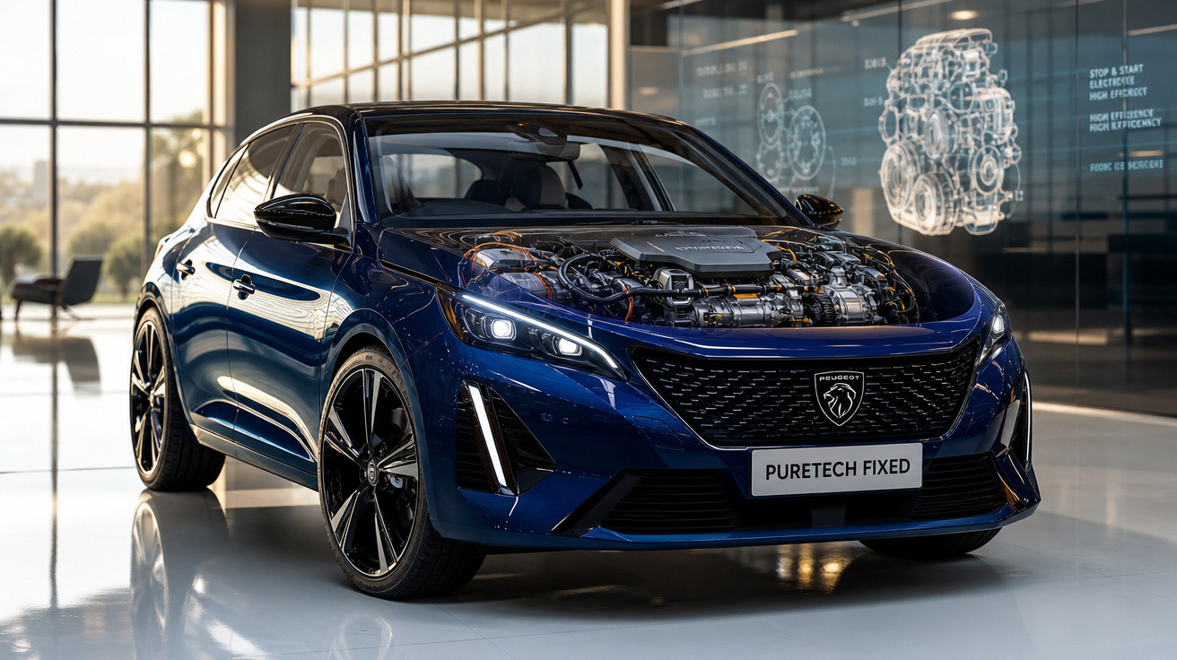 Blue Peugeot hatchback with a transparent hood showcasing its engine, displayed in a modern showroom.