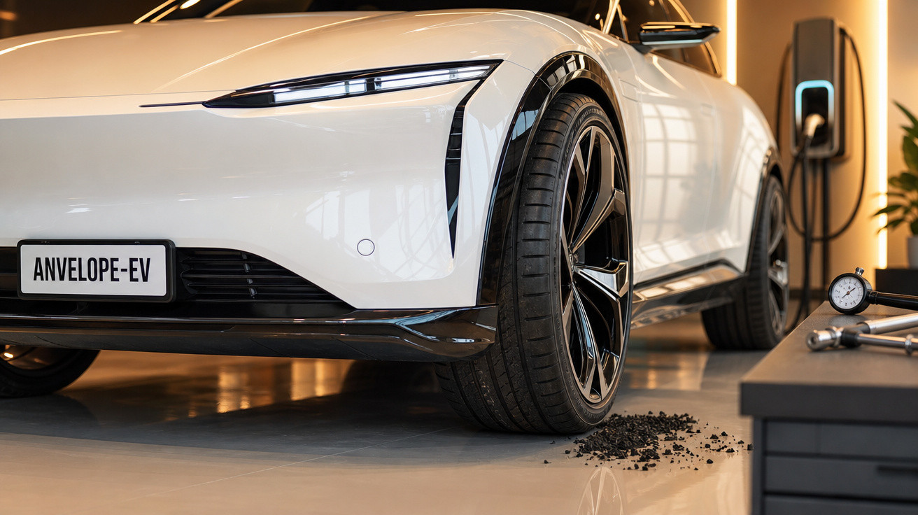 Close-up of a white Anvelope-EV electric car’s front wheel and sleek headlight in a showroom.