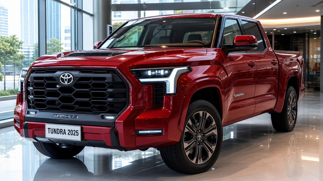 Red 2025 Toyota Tundra pickup truck displayed indoors with modern building windows in the background.